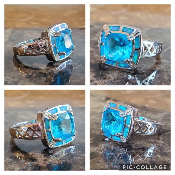Genuine 3ct Blue Topaz/Opal inlay Ring Size 6 - Picture 7 of 8